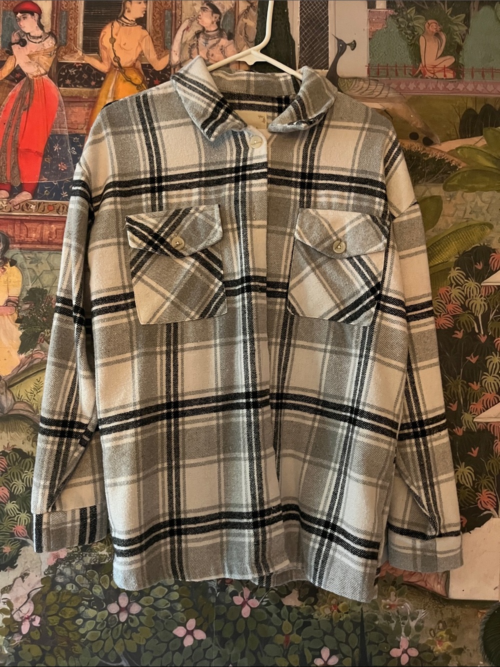 Altar'd State fleece Cream & Gray Plaid Shacket